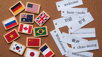 Flags of different countries and flashcards saying 
