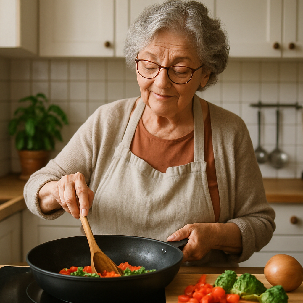 Older woman cooking vegetables