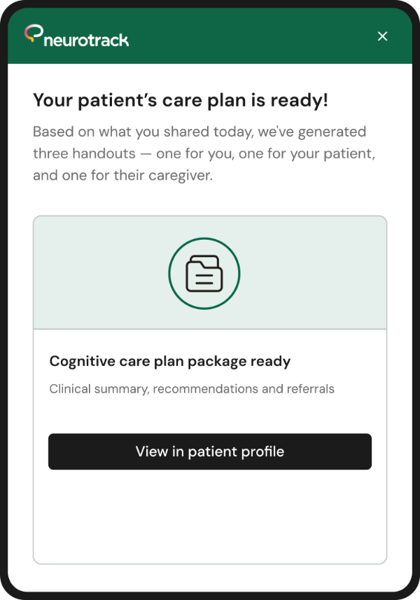 Neurotrack care plan interface