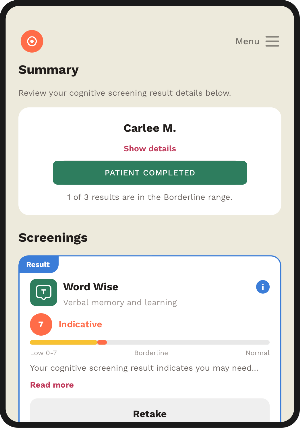 Neurotrack summary interface
